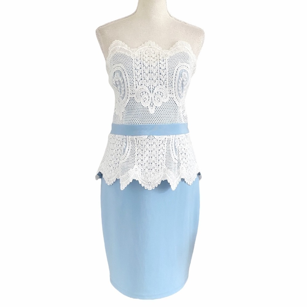 Lipsy White Lace & Light Blue Strapless Peplum Prom Dress